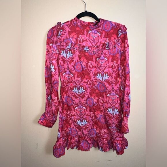 Zara Alexis Rose Mulberry Red Paisley Print Ruffle Peasant Mini Dress Size XS - Picture 2 of 11